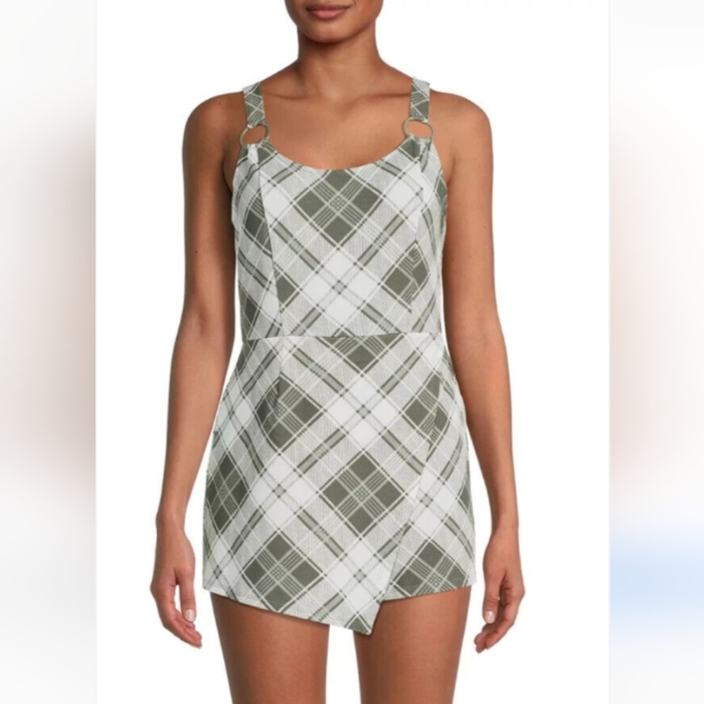No Boundaries Green and White Plaid Dress